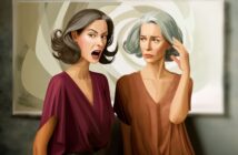 Two women with gray hair stand together; one looks angry and is shouting, while the other looks concerned with a hand raised to her head. They wear red and brown tops and stand in front of an abstract background.