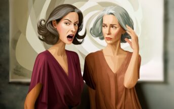 Two women with gray hair stand together; one looks angry and is shouting, while the other looks concerned with a hand raised to her head. They wear red and brown tops and stand in front of an abstract background.