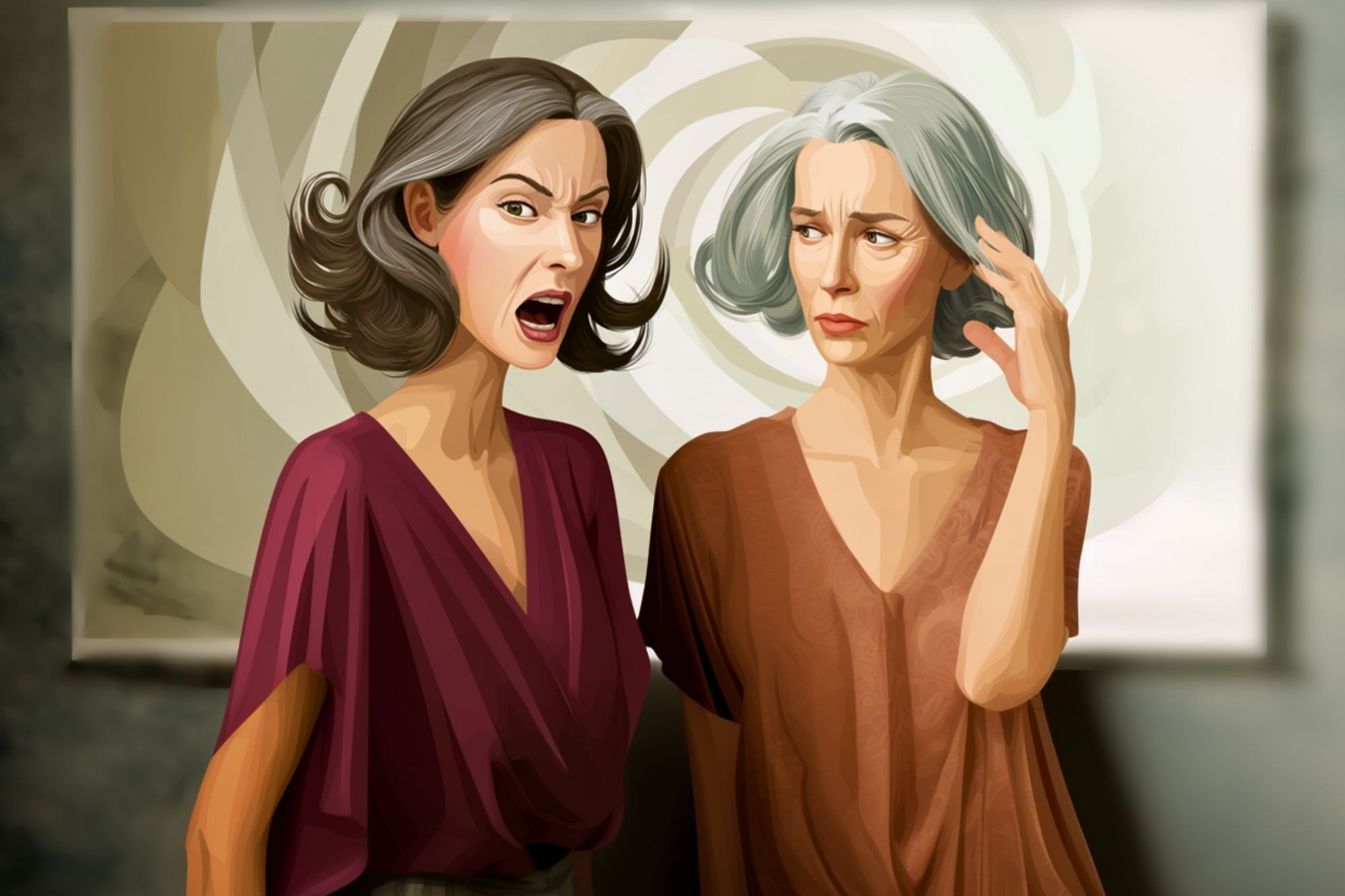 Two women with gray hair stand together; one looks angry and is shouting, while the other looks concerned with a hand raised to her head. They wear red and brown tops and stand in front of an abstract background.