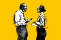 Illustration of two people in business attire standing face to face, appearing to argue or have a heated discussion, with a bright yellow background.