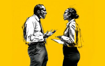 Illustration of two people in business attire standing face to face, appearing to argue or have a heated discussion, with a bright yellow background.