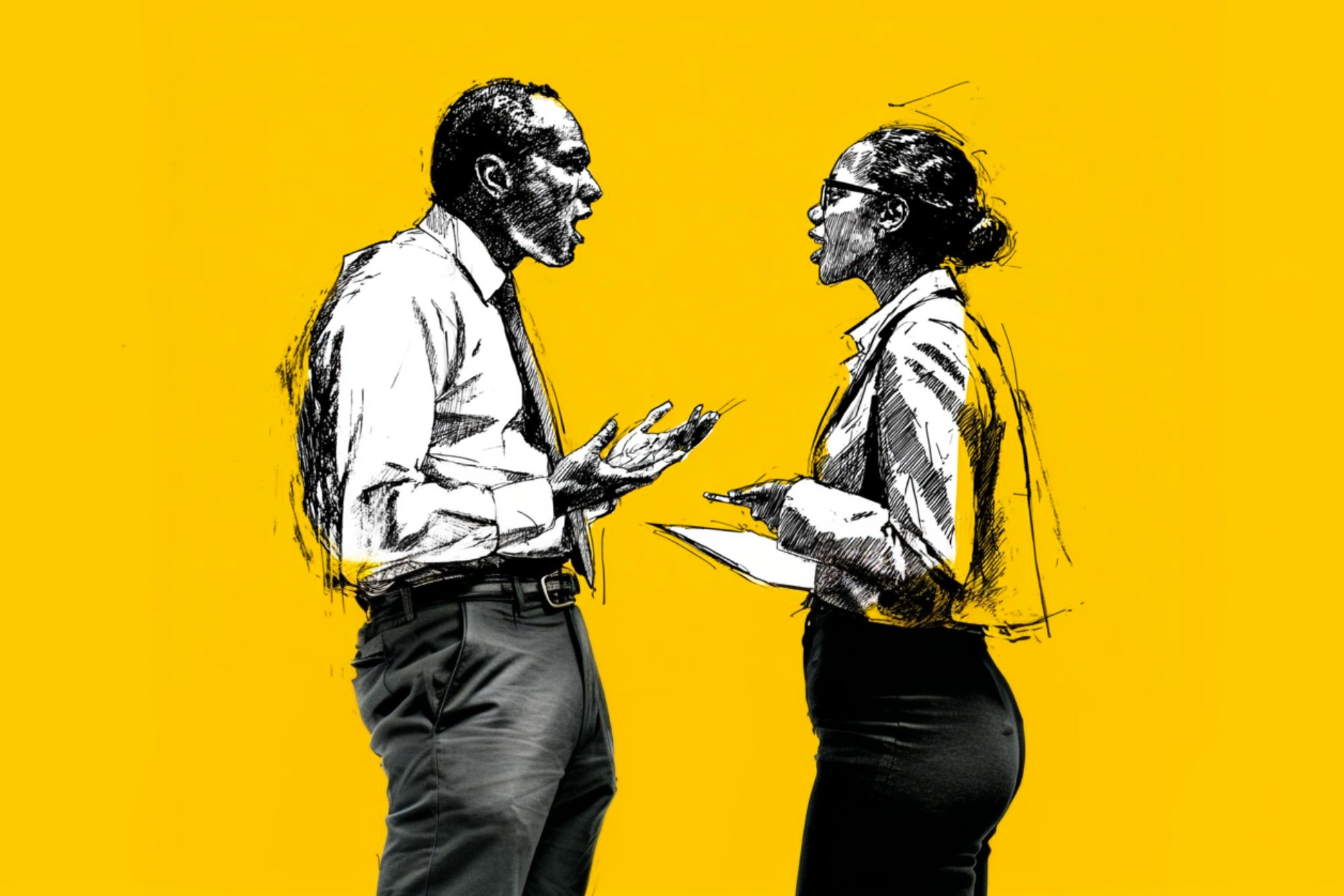 Illustration of two people in business attire standing face to face, appearing to argue or have a heated discussion, with a bright yellow background.