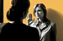 Two women face each other indoors; one has her back to the viewer, while the other raises her hand, appearing serious, against a yellow background. The image has a stylized, painted effect.