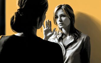 Two women face each other indoors; one has her back to the viewer, while the other raises her hand, appearing serious, against a yellow background. The image has a stylized, painted effect.