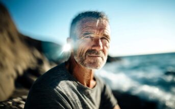 A man with gray hair and a beard sits by the ocean, sunlight shining behind him. He wears a gray shirt and looks calmly at the camera, with waves and rocky cliffs in the background.
