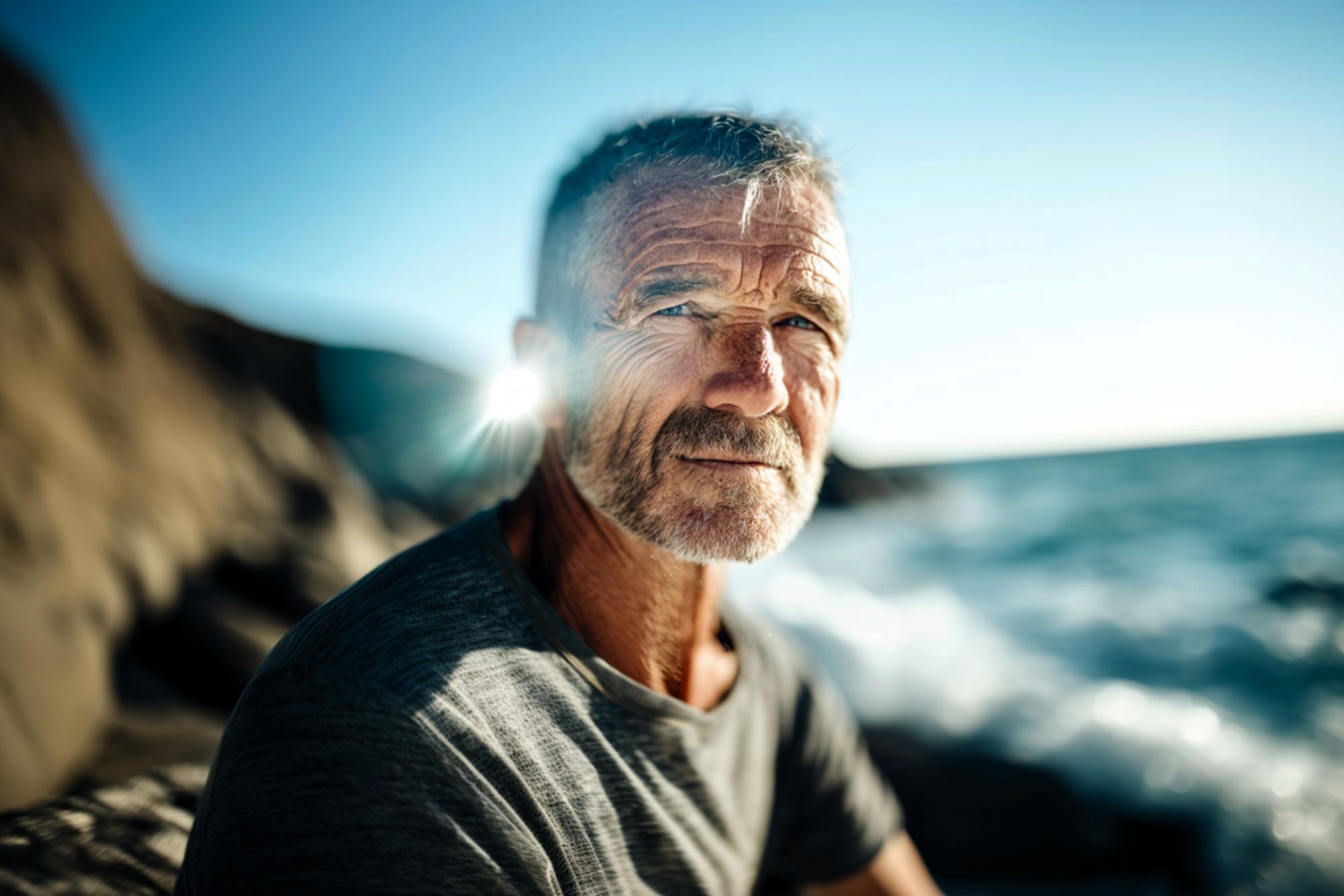 A man with gray hair and a beard sits by the ocean, sunlight shining behind him. He wears a gray shirt and looks calmly at the camera, with waves and rocky cliffs in the background.