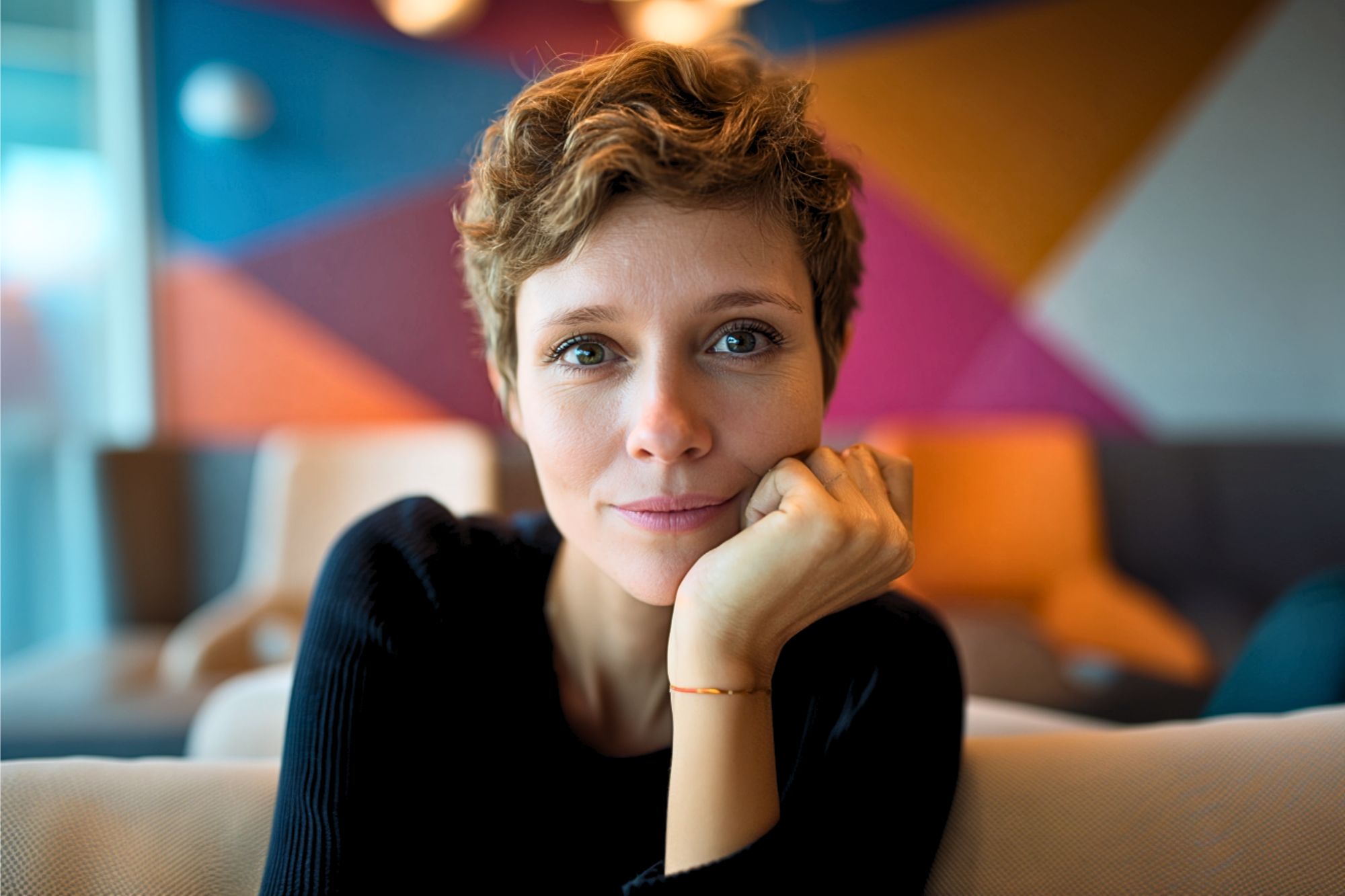 A woman with short, wavy hair and a gentle smile sits indoors, resting her chin on her hand. The background features colorful geometric wall patterns and blurred furniture.