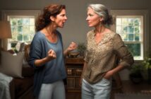 A younger woman angrily yells at an older woman, who stands calmly with arms crossed. They are in a well-lit living room with large windows and neutral decor. Tension is visible between the two women.