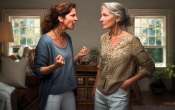 A younger woman angrily yells at an older woman, who stands calmly with arms crossed. They are in a well-lit living room with large windows and neutral decor. Tension is visible between the two women.