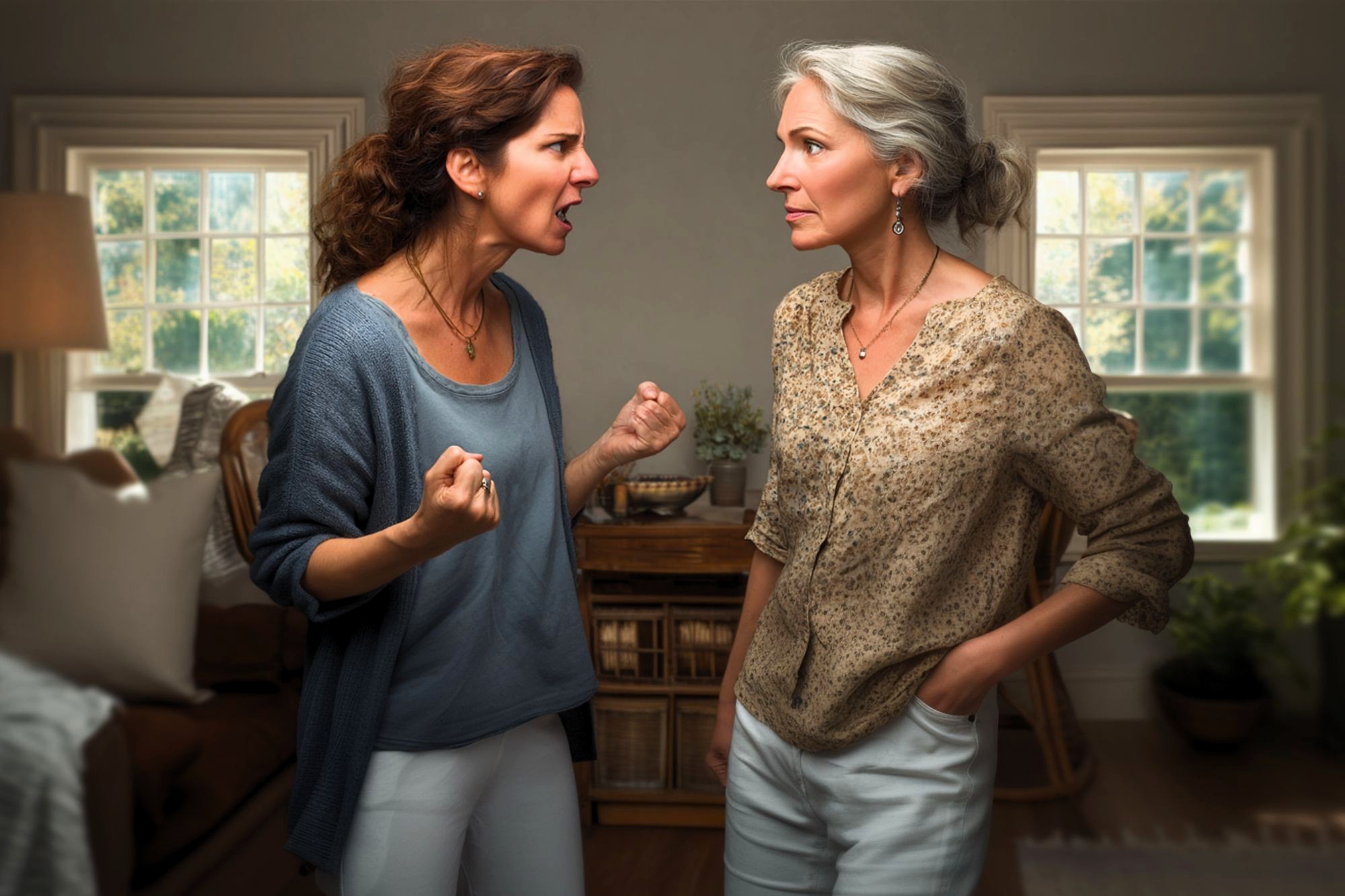 A younger woman angrily yells at an older woman, who stands calmly with arms crossed. They are in a well-lit living room with large windows and neutral decor. Tension is visible between the two women.