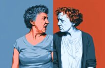 Two older women with curly hair face each other, both looking angry. The background is split in half, blue on the left and red on the right, matching the color tones of each woman.