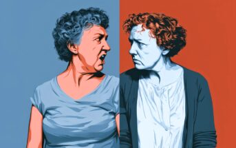 Two older women with curly hair face each other, both looking angry. The background is split in half, blue on the left and red on the right, matching the color tones of each woman.