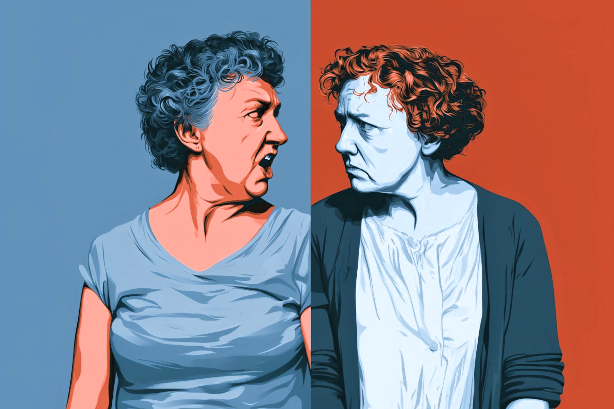Two older women with curly hair face each other, both looking angry. The background is split in half, blue on the left and red on the right, matching the color tones of each woman.
