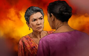 An older woman with short gray hair looks angrily at another woman, whose back is to the viewer. The background is bright orange and yellow, suggesting tension or conflict between them.