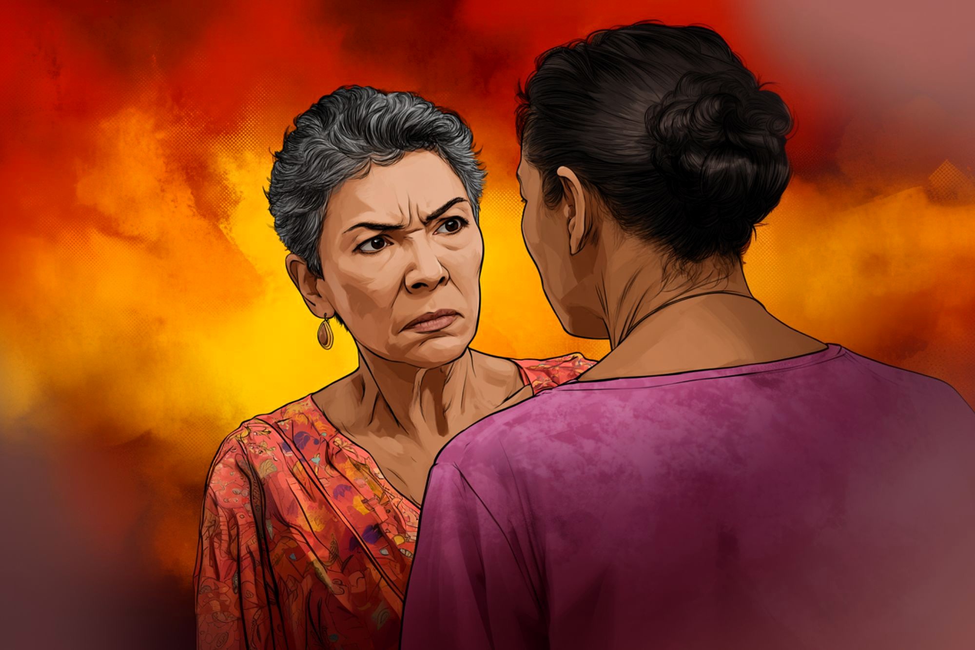 An older woman with short gray hair looks angrily at another woman, whose back is to the viewer. The background is bright orange and yellow, suggesting tension or conflict between them.