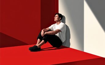 A man in a white shirt and black pants sits on a red floor, leaning against a wall with sunlight casting shadows. The setting is minimalist, with bold red and white geometric surfaces.