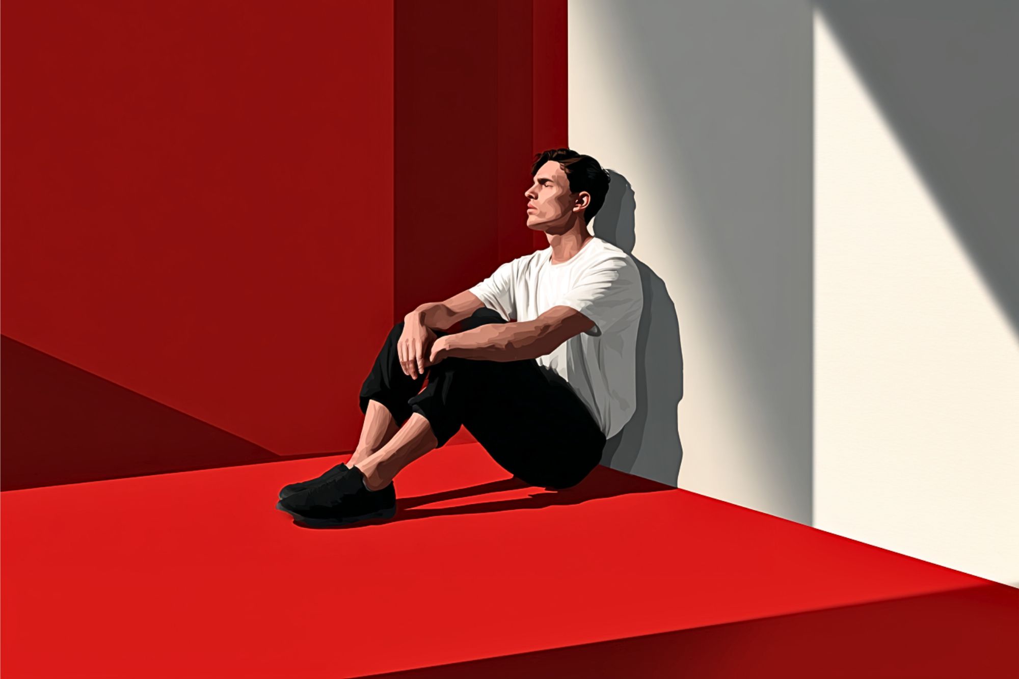 A man in a white shirt and black pants sits on a red floor, leaning against a wall with sunlight casting shadows. The setting is minimalist, with bold red and white geometric surfaces.