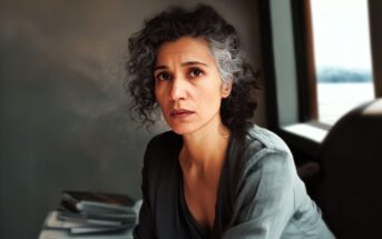 A woman with curly gray hair and a serious expression sits indoors near a window, wearing a loose gray top. A stack of magazines or books is blurred in the background.