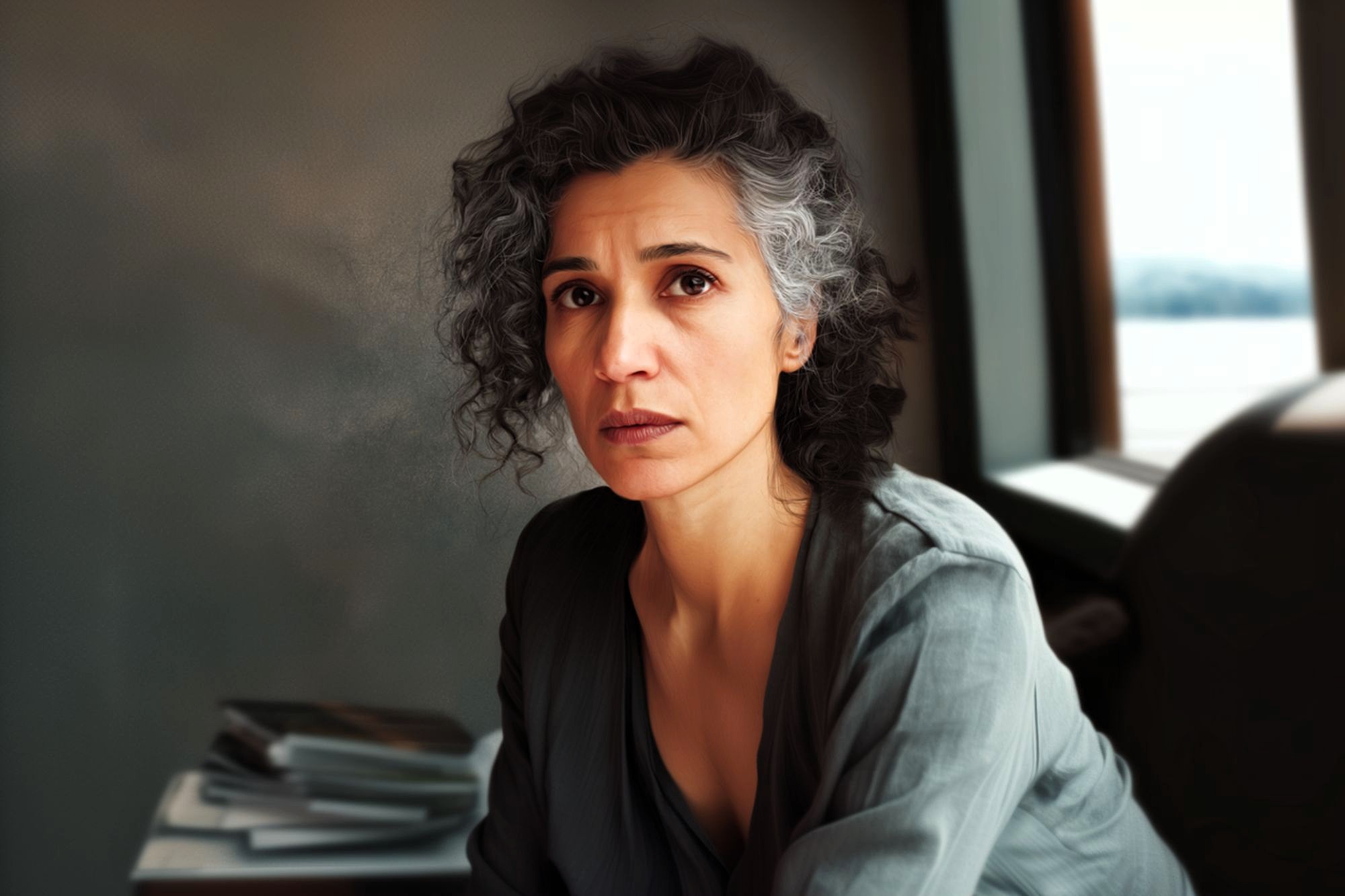 A woman with curly gray hair and a serious expression sits indoors near a window, wearing a loose gray top. A stack of magazines or books is blurred in the background.