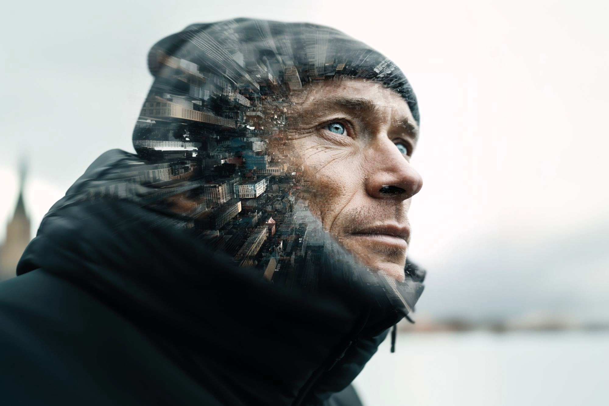 A man in a winter jacket and beanie looks upward. The left side of his face blends into a cityscape, creating a double exposure effect. The background is blurred and light, suggesting a cold outdoor setting.