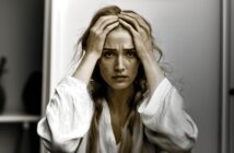 A woman with long hair looks distressed, holding her head with both hands. She wears a white robe and sits indoors with a blurred background.