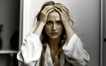 A woman with long hair looks distressed, holding her head with both hands. She wears a white robe and sits indoors with a blurred background.