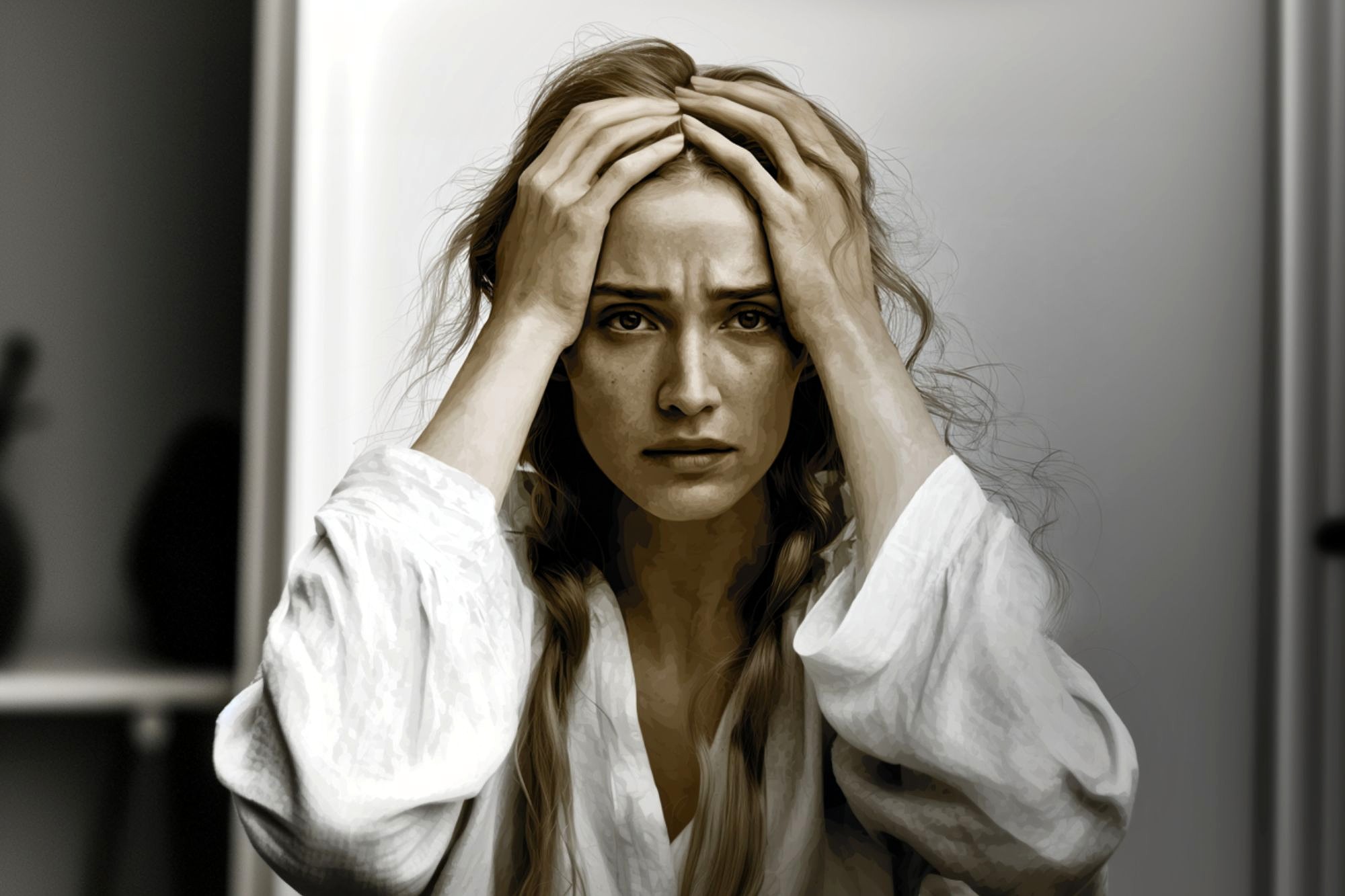A woman with long hair looks distressed, holding her head with both hands. She wears a white robe and sits indoors with a blurred background.