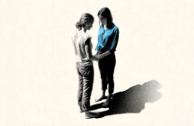 Two women stand barefoot facing each other, gently holding hands and looking down, casting a large shadow on a light background.