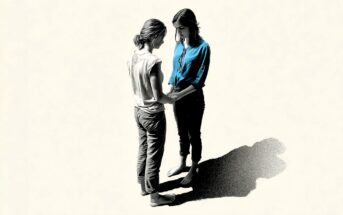 Two women stand barefoot facing each other, gently holding hands and looking down, casting a large shadow on a light background.