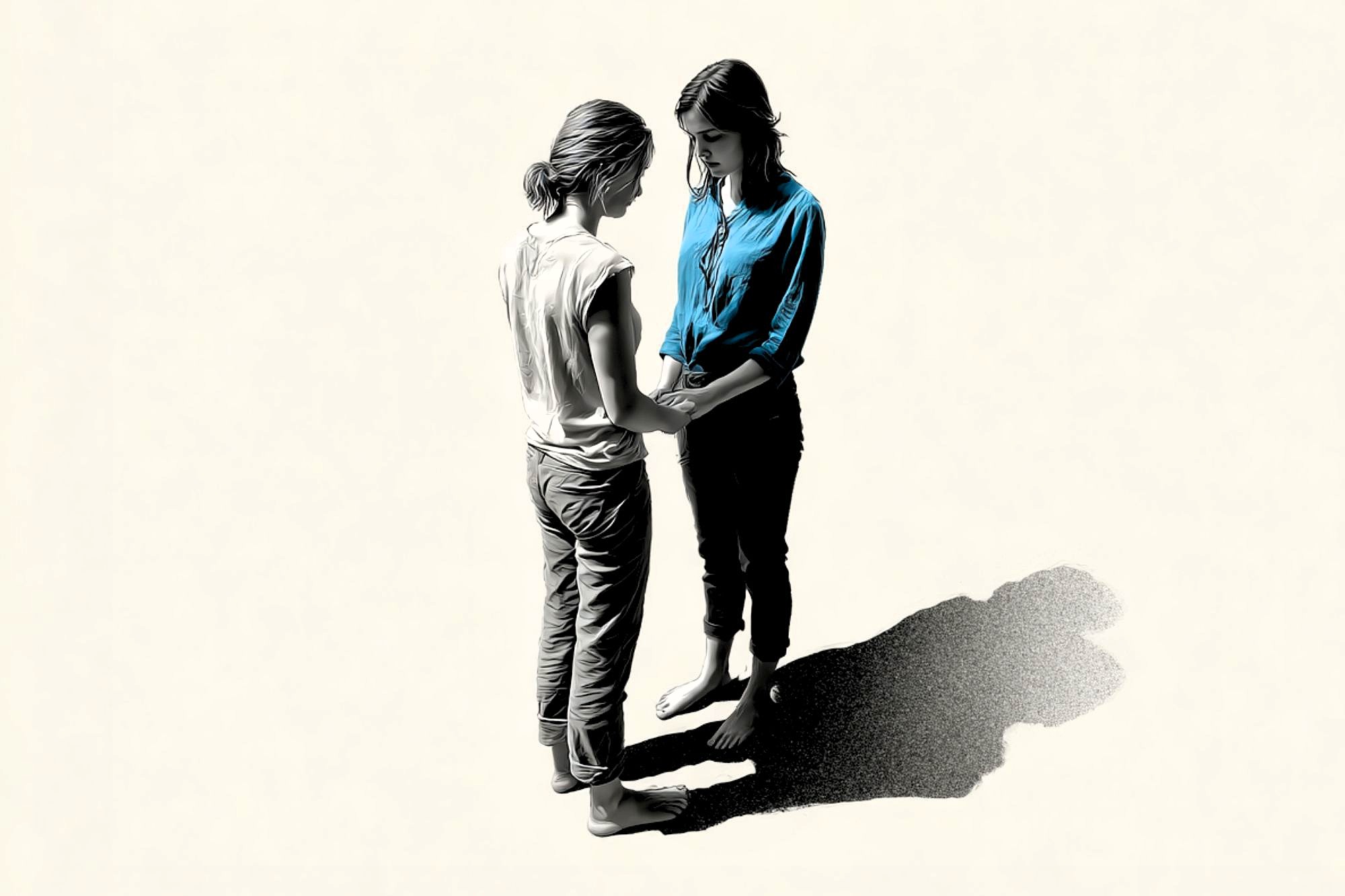 Two women stand barefoot facing each other, gently holding hands and looking down, casting a large shadow on a light background.