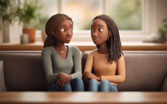 Two animated women sit closely on a couch, facing each other and smiling warmly. They appear relaxed and engaged in conversation, with a bright window and plants in the background.
