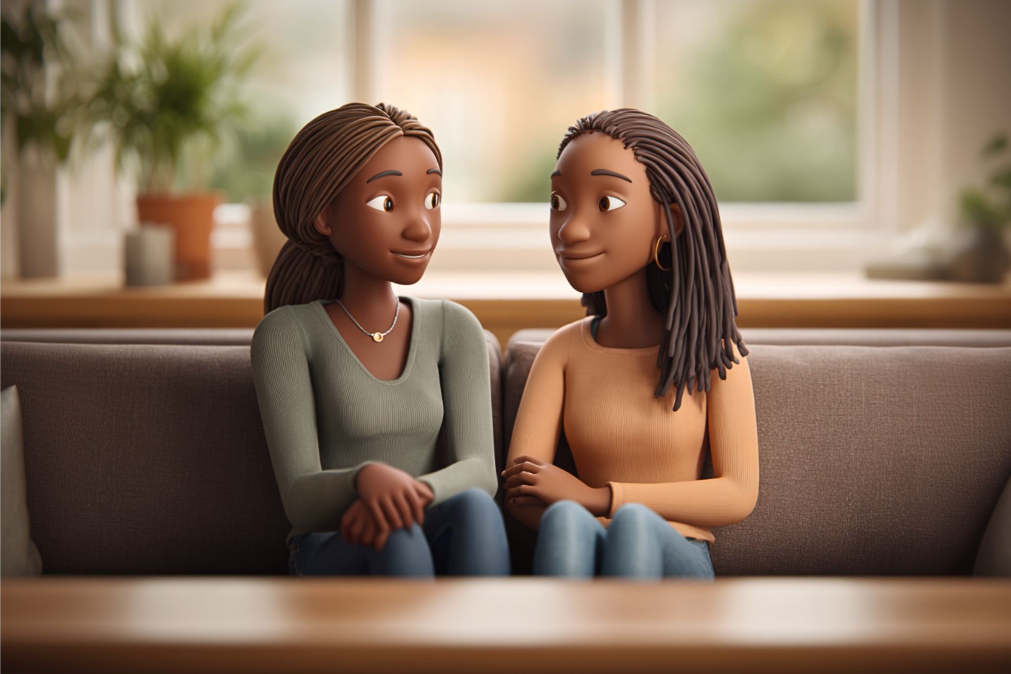 Two animated women sit closely on a couch, facing each other and smiling warmly. They appear relaxed and engaged in conversation, with a bright window and plants in the background.