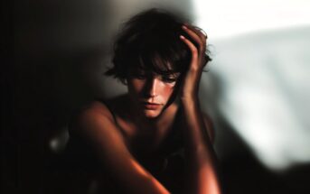 A person with short, tousled hair sits in soft light, resting their head on one hand and looking down with a thoughtful, somber expression. Shadows and highlights create a dramatic, moody atmosphere.
