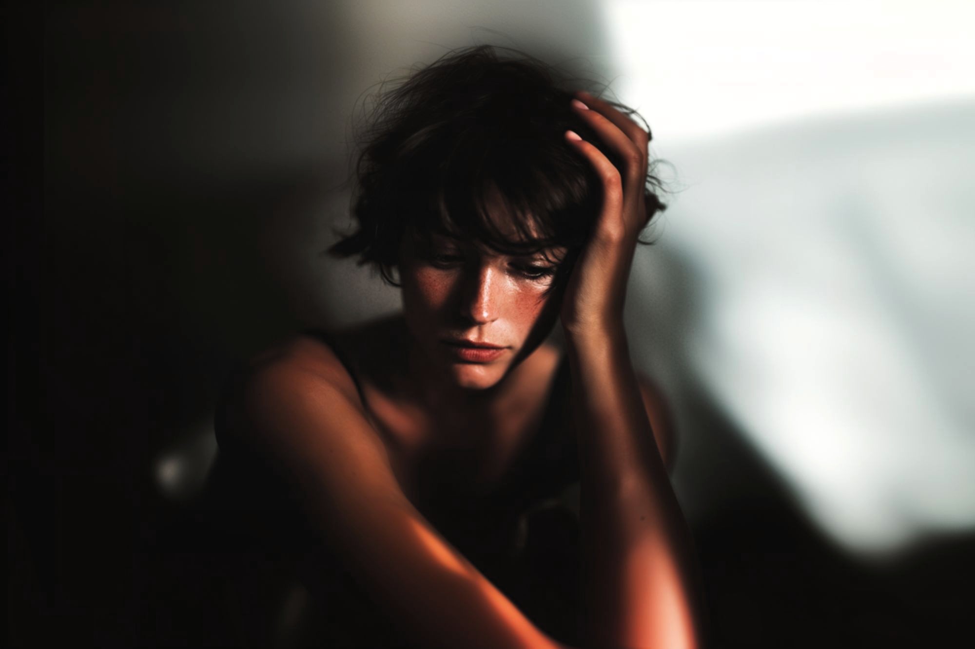 A person with short, tousled hair sits in soft light, resting their head on one hand and looking down with a thoughtful, somber expression. Shadows and highlights create a dramatic, moody atmosphere.