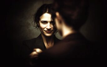 A woman with short, wavy dark hair and a confident smile stands facing another person whose back is to the camera. The background is dark, with soft lighting highlighting the woman’s face.