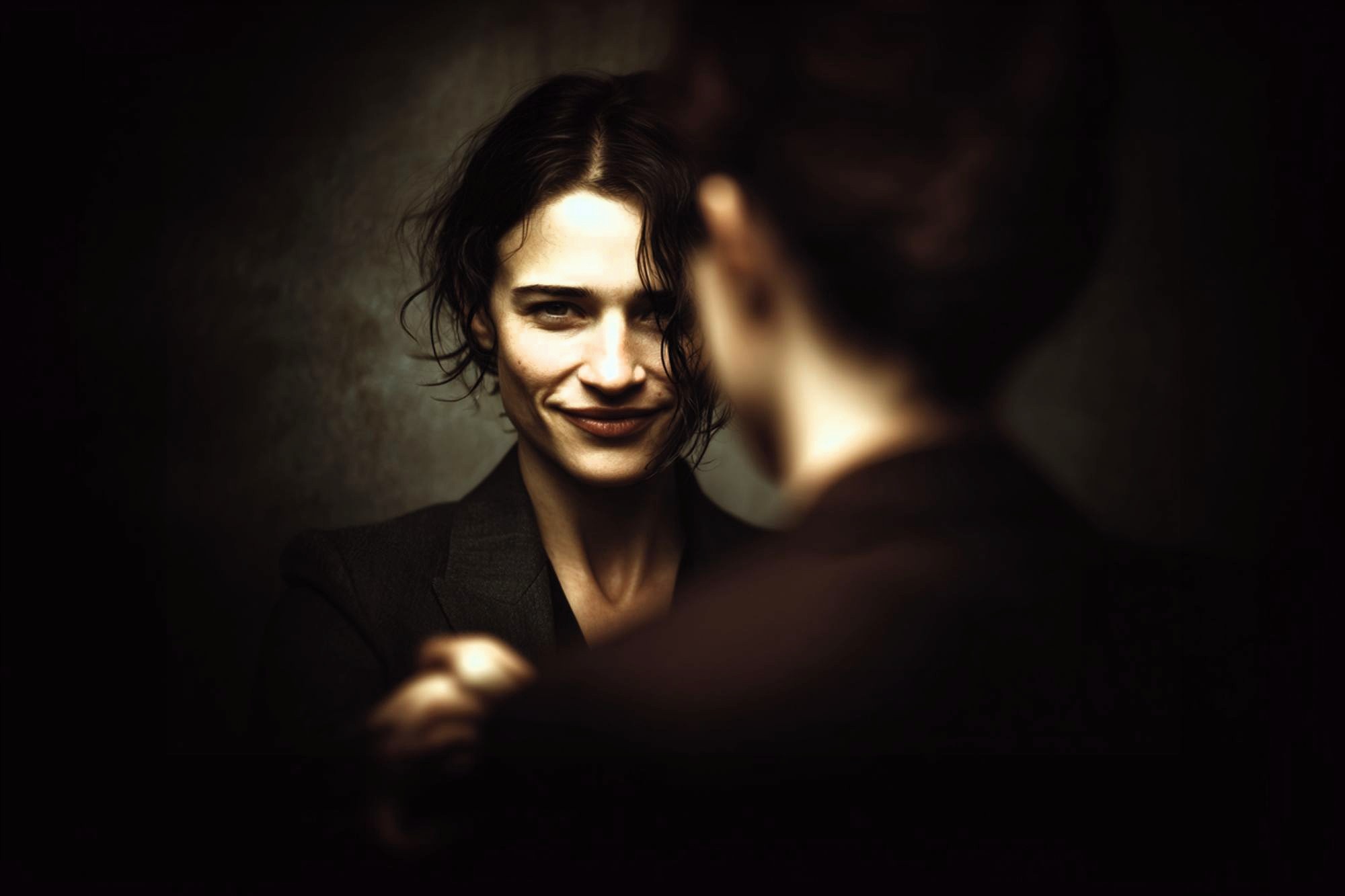 A woman with short, wavy dark hair and a confident smile stands facing another person whose back is to the camera. The background is dark, with soft lighting highlighting the woman’s face.