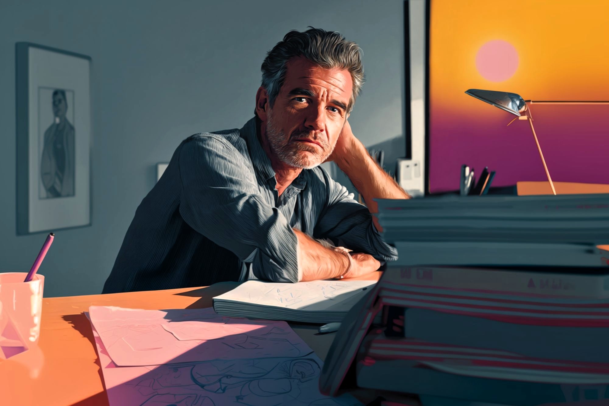 A man with gray hair sits at a desk covered with papers and folders, resting his head on his hand, looking thoughtful. Warm sunlight from a window with a sunset view illuminates the scene.