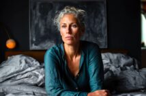 A woman with gray hair sits on a bed in a dimly lit room, looking thoughtful. She wears a teal shirt, and soft light highlights her face. A blurred painting and bedside lamp are visible in the background.