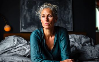 A woman with gray hair sits on a bed in a dimly lit room, looking thoughtful. She wears a teal shirt, and soft light highlights her face. A blurred painting and bedside lamp are visible in the background.