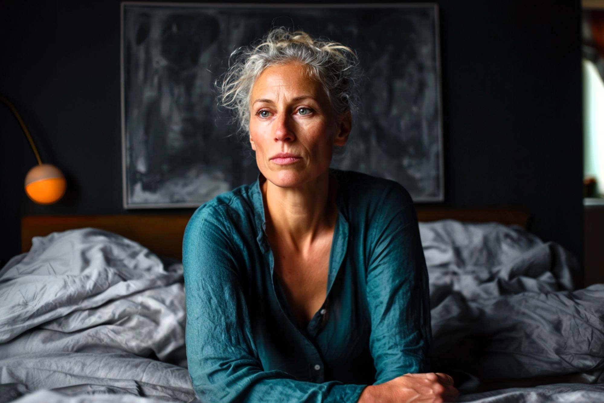 A woman with gray hair sits on a bed in a dimly lit room, looking thoughtful. She wears a teal shirt, and soft light highlights her face. A blurred painting and bedside lamp are visible in the background.