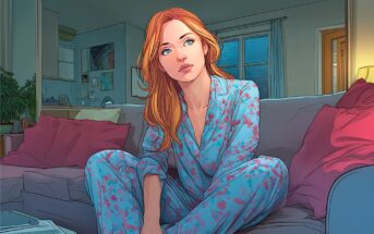 A woman with red hair in blue and pink pajamas sits on a couch in a cozy living room, looking thoughtful. There are pink pillows, a plant, and warm lighting in the background.