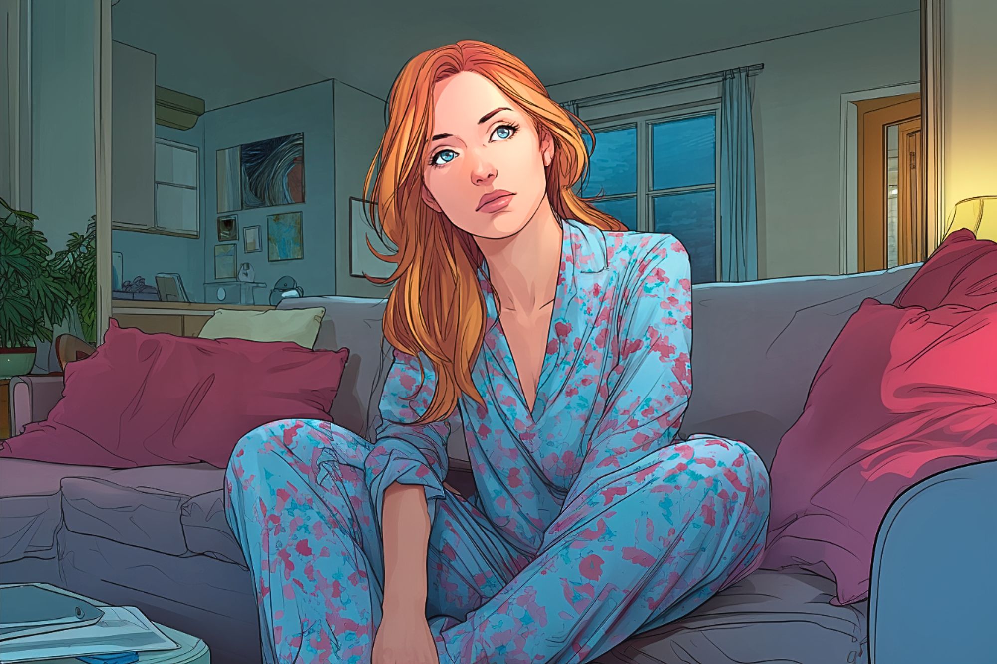 A woman with red hair in blue and pink pajamas sits on a couch in a cozy living room, looking thoughtful. There are pink pillows, a plant, and warm lighting in the background.