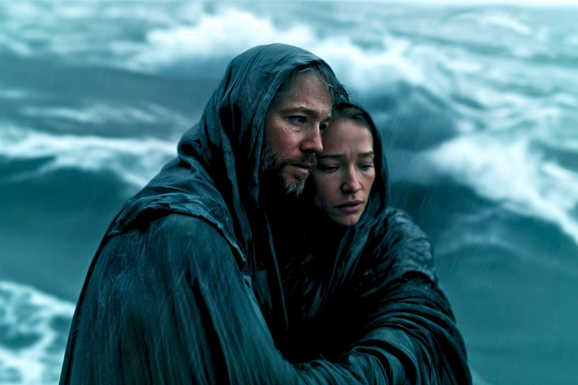 Two people huddled together in rain-soaked cloaks, standing near rough ocean waves, looking weary and solemn as they seek comfort from each other amid the storm.