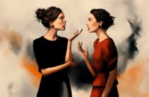 Two women face each other in a heated conversation, gesturing with intent. One wears black, the other red. The background is abstract with orange and gray brushes.
