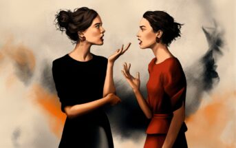 Two women face each other in a heated conversation, gesturing with intent. One wears black, the other red. The background is abstract with orange and gray brushes.
