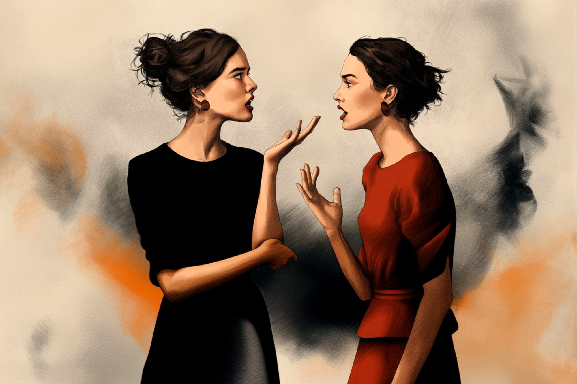 Two women face each other in a heated conversation, gesturing with intent. One wears black, the other red. The background is abstract with orange and gray brushes.