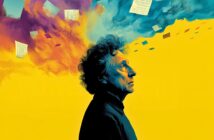 A man looks up thoughtfully as colorful clouds and flying papers swirl above his head against a bright yellow background.