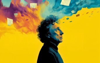 A man looks up thoughtfully as colorful clouds and flying papers swirl above his head against a bright yellow background.