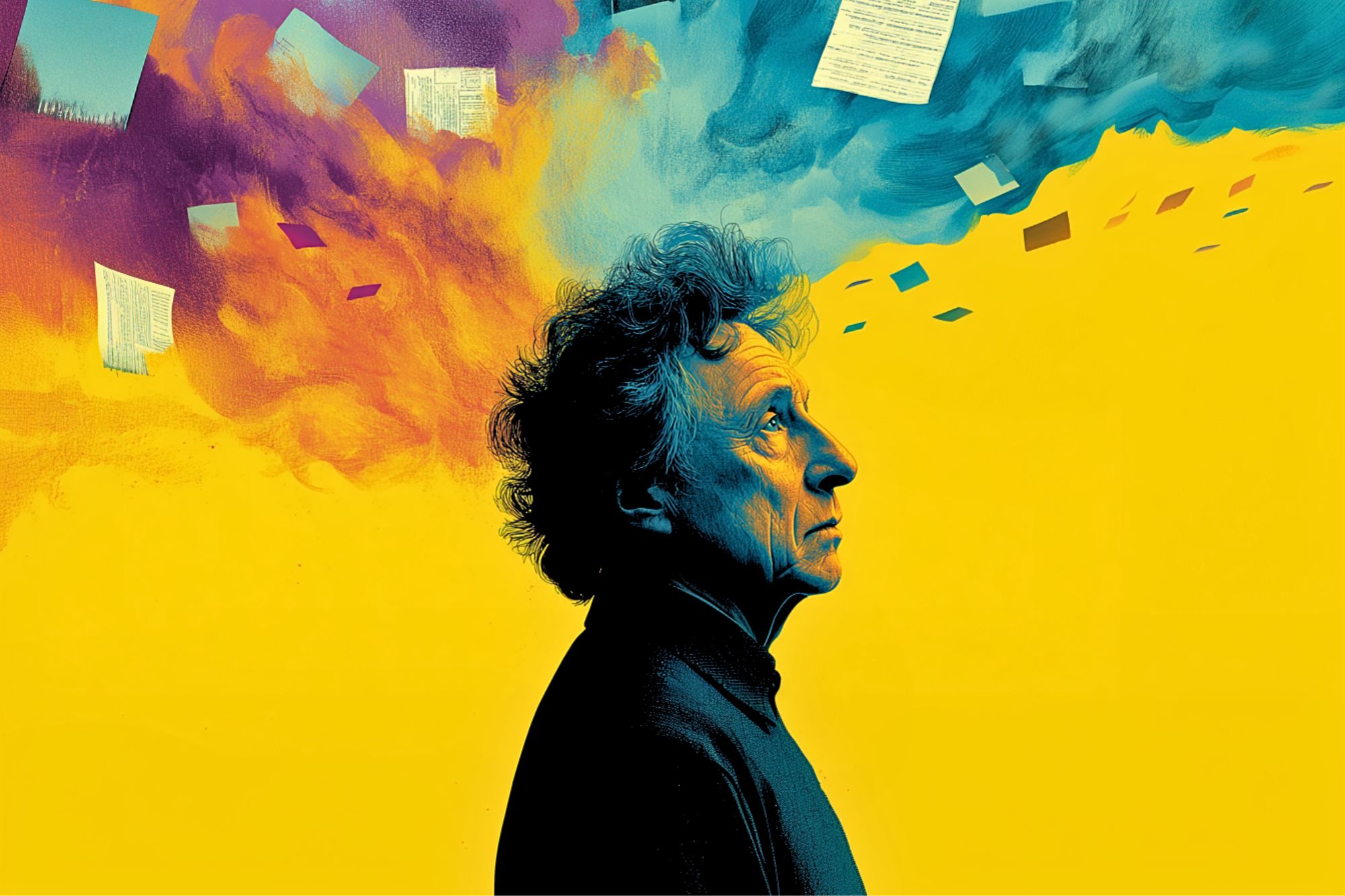 A man looks up thoughtfully as colorful clouds and flying papers swirl above his head against a bright yellow background.