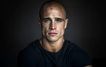 A serious-looking man with a shaved head and blue eyes wears a dark t-shirt, sitting against a dark background. His face shows strong features and subtle wrinkles, with a focused and intense expression.